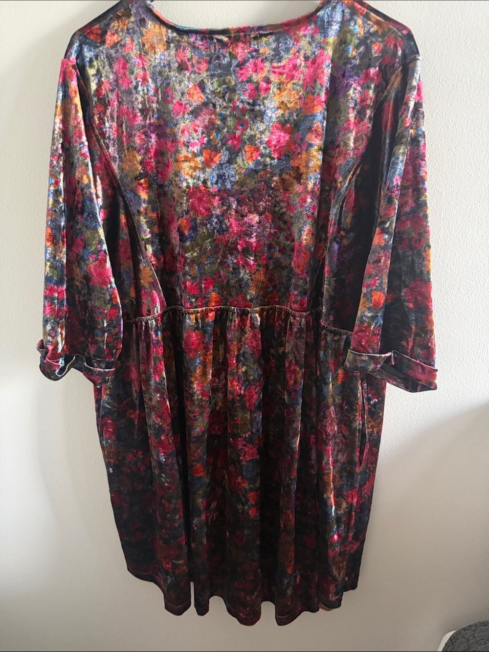 NATURAL LIFE Velvet Floral V‑Neck Mini Dress - Pink, Purple, Green - Picture 5 of 5